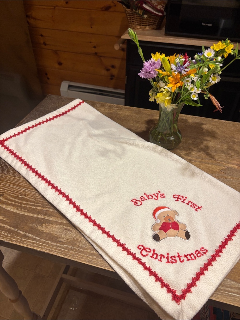 Ashton Drakes Baby's First Christmas Teddy Blanket - White with Red Trim